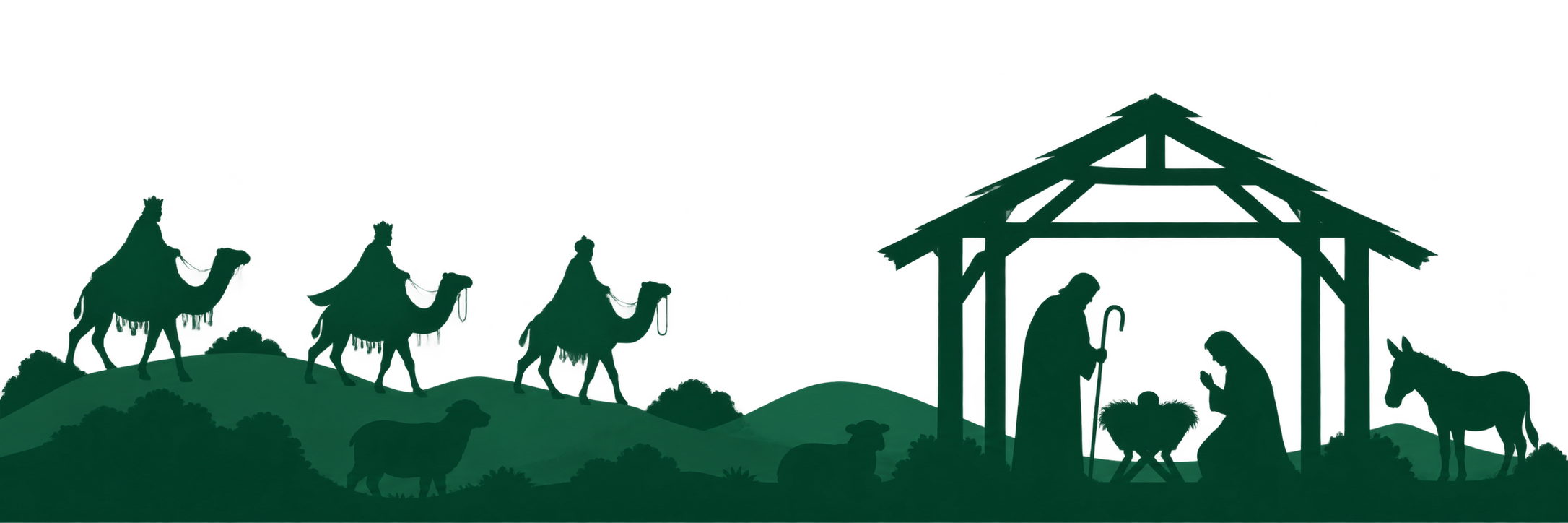 Silhouettes of Mary, Joseph and baby Jesus in a manger, with wise men approaching